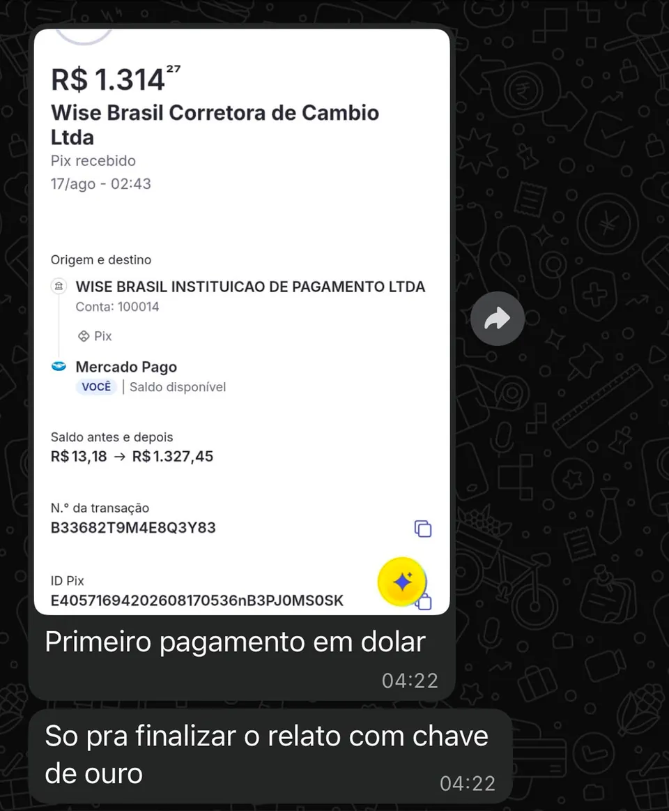 Print de aluno: Primeiro pagamento em dólar: R$&nbsp;1.314