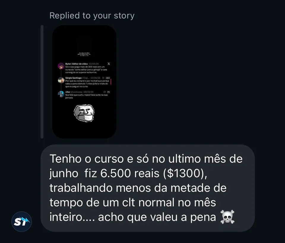 Print de aluno: R$&nbsp;6.500 em junho, trabalhando menos da metade do tempo de uma CLT