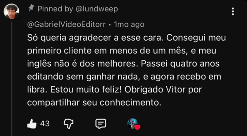 Print de aluno: 1º cliente em menos de 1 mês, recebendo em libra